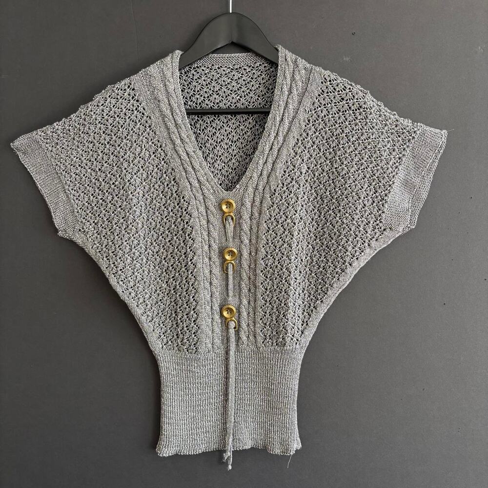 VTG 80s Silver Metallic Open Knit Dolman Sleeve Cozy Fall Sweater - Size S